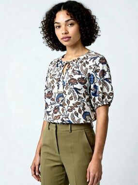 Rachel Zoe Linen Blend Blouse Short Sleeve Floral Pattern Size Small